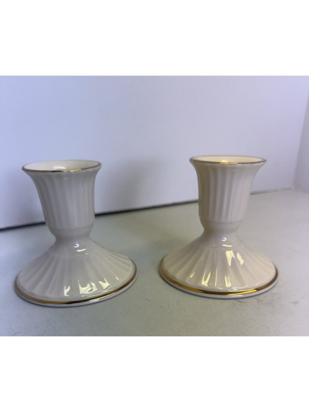 Pair of Lenox Porcelain Ribbed Gold Trim Candle Holders
